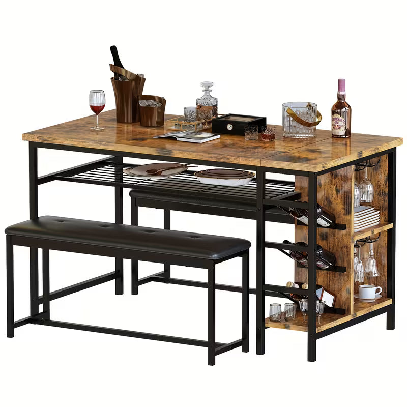 53" Space‑Saving 3‑Piece Dining Table Set with Wine Rack, Glass Holder & Storage – Table + 2 Benches (Brown)