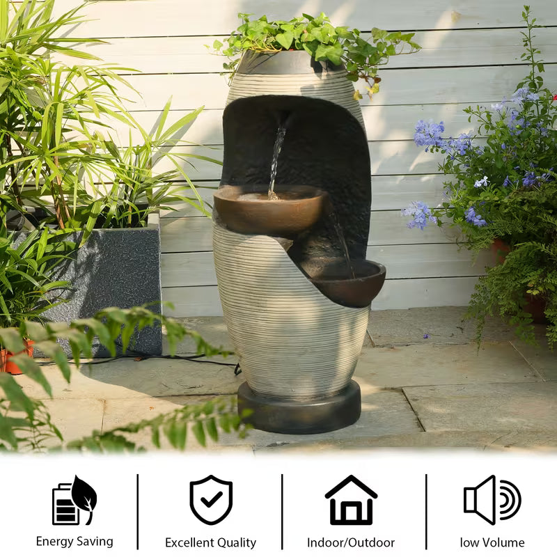 27.95" Indoor/Outdoor Water Fountain with LED Lights – 2‑Tier Resin Bowl Waterfall Fountain