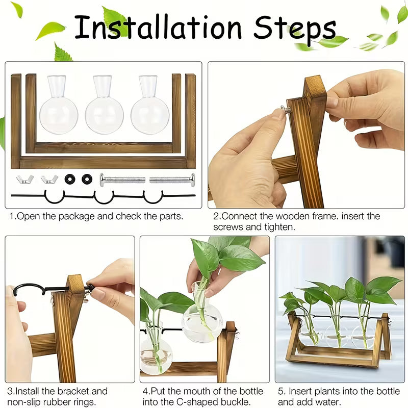 Plant Propagation Station – Wooden Stand with 3 Glass Bulb Vases for Hydroponic Plants & Home Décor
