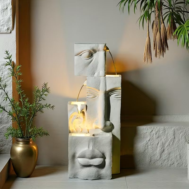 4‑Tier Modern Face Waterfall Fountain with LED Lights – 35" Indoor/Outdoor Sculpture