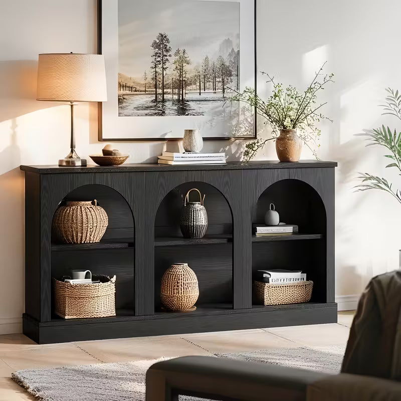 63‑Inch Farmhouse Console Table with 3‑Tier Storage & Arch Cutouts