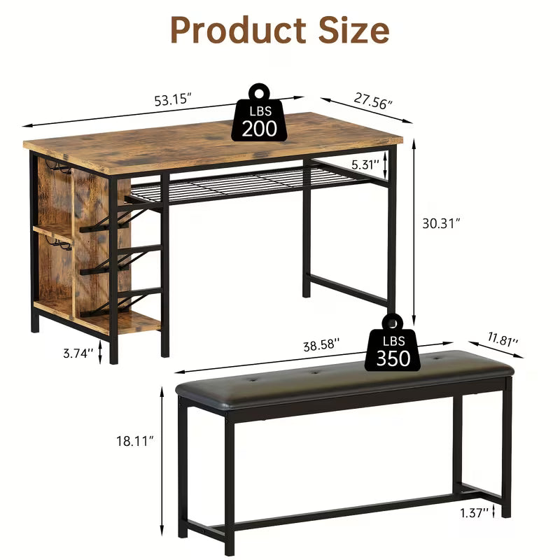 53" Space‑Saving 3‑Piece Dining Table Set with Wine Rack, Glass Holder & Storage – Table + 2 Benches (Brown)