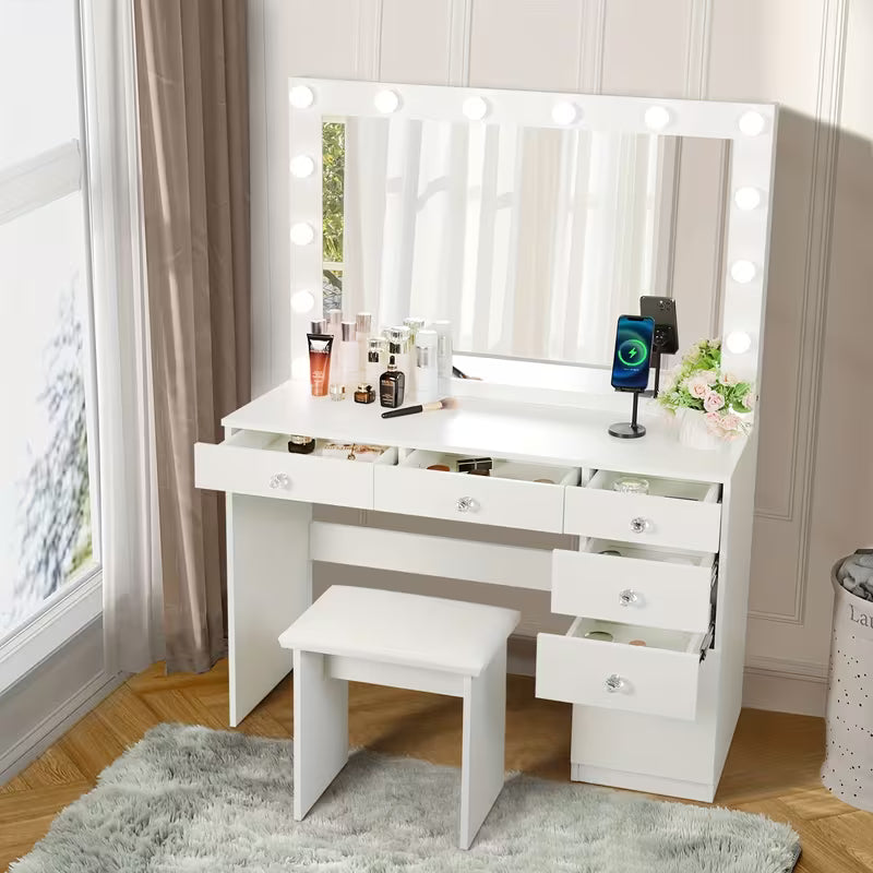 42" Makeup Vanity Table Set with Lighted Mirror, Built‑In Outlet, 5 Drawers, Cabinet & Stool (Black / White / Pink)