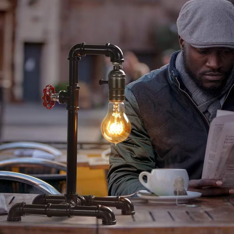 Industrial Steampunk Desk Lamp – Rustic Bronze Metal Pipe Lamp with Red Valve & Exposed Bulb Design (Bulb Not Included)