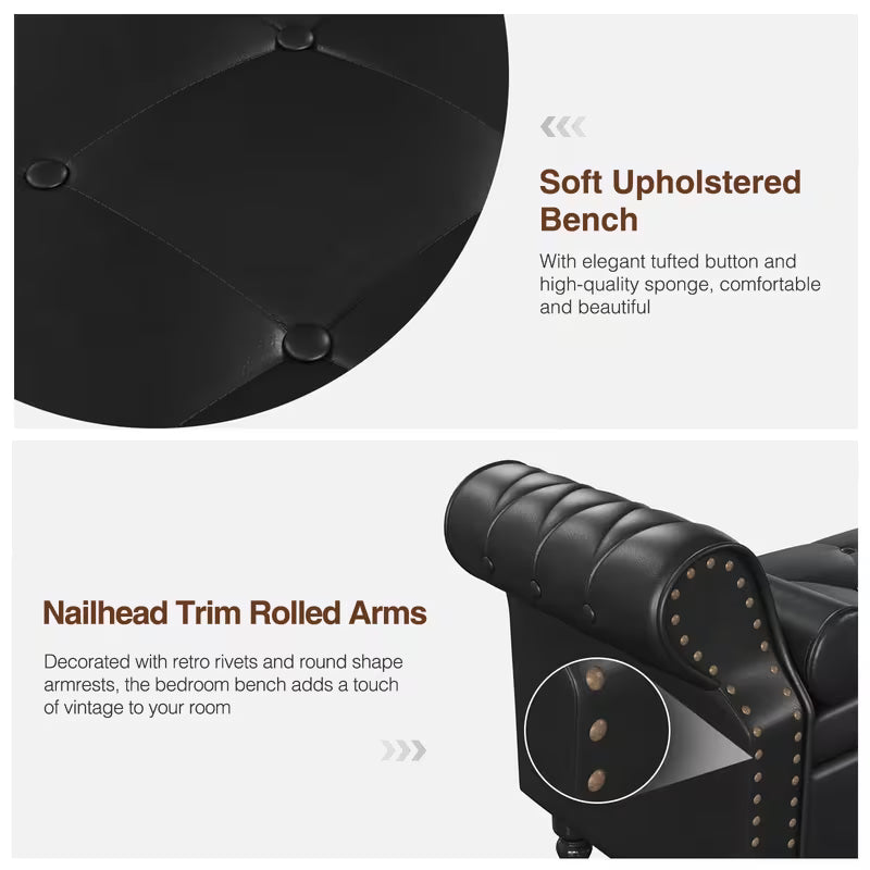 65" Upholstered Storage Bench – Faux Leather Tufted Bed Bench with Rolled Arms & Nailhead Trim (Deep Hidden Storage)