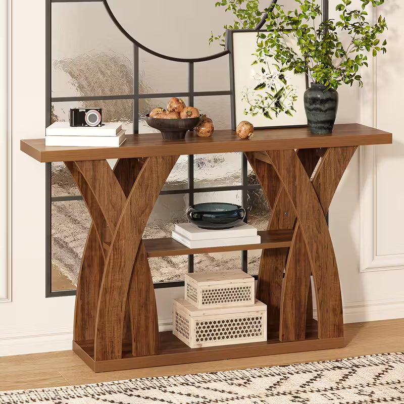 55" Rustic Farmhouse Console Table – X‑Leg Design, 2‑Tier Storage Shelf