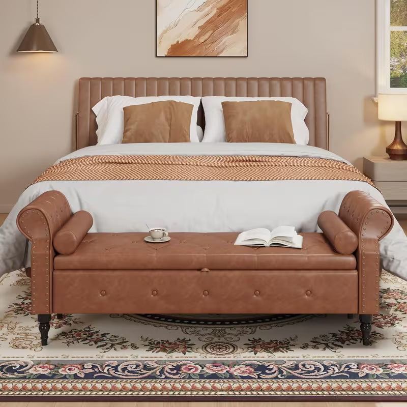 65" Upholstered Storage Bench – Faux Leather Tufted Bed Bench with Rolled Arms & Nailhead Trim (Deep Hidden Storage)