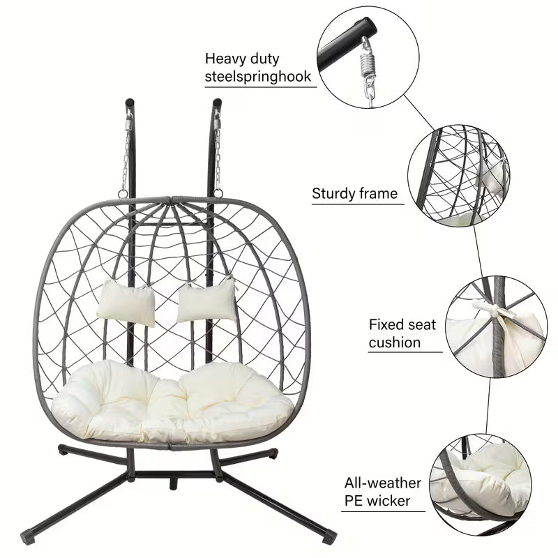 2‑Person Egg/Hammock Swing Chair with Stand – Heavy‑Duty Outdoor Hanging Chair, Deep Cushions, 650‑lb Capacity (Gray)