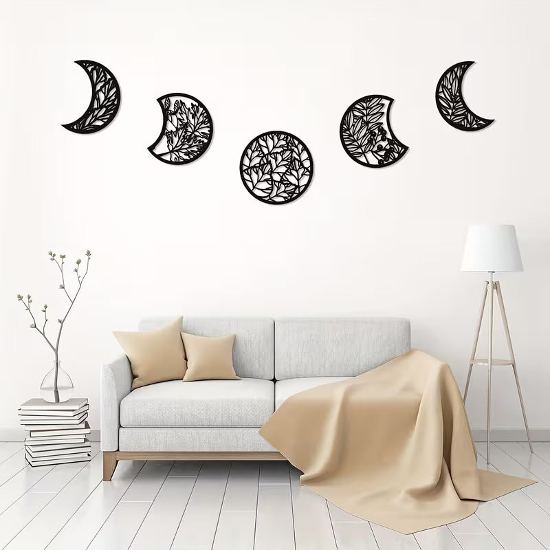 5‑Piece Moon Phase Wall Art Set – Modern Nordic Lunar Decor in Matte Black (10.6")