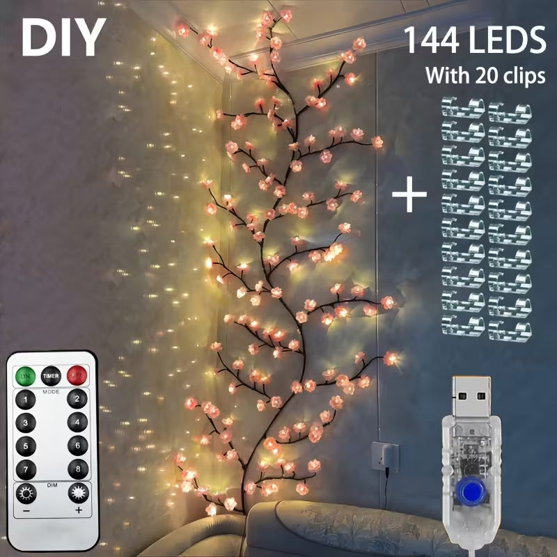 Cherry Blossom LED Branch Lights – Flexible Sakura Vine with 72/96/144 LEDs, USB Powered, 8 Modes