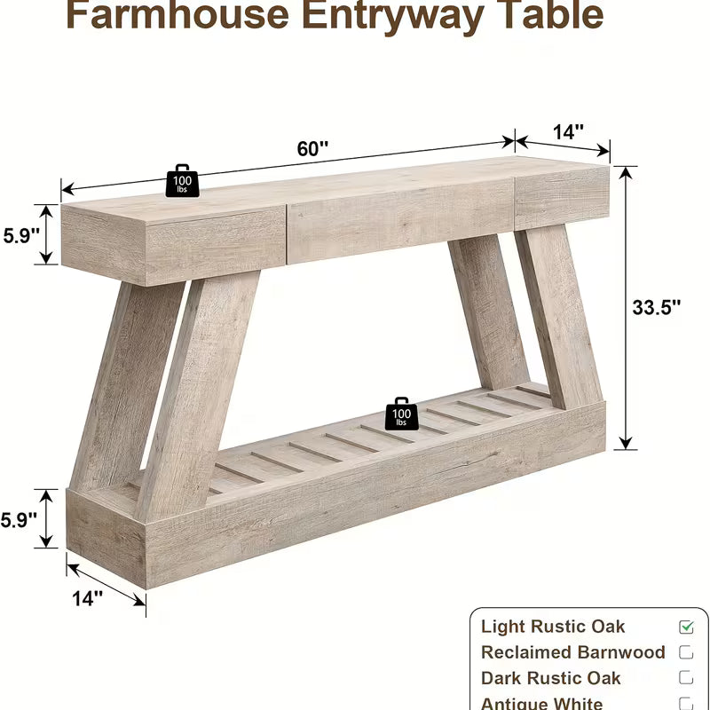 60" Rustic Farmhouse Entry Table – Storage Drawer & Wood Top