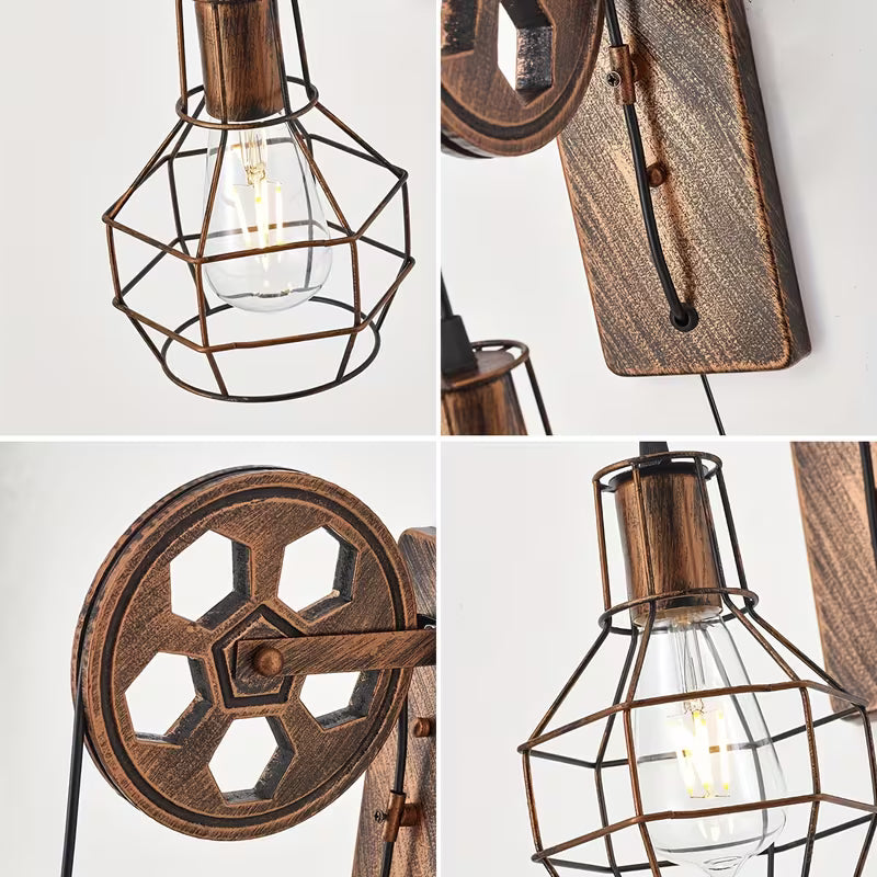 Plug‑In Industrial Wall Lamp Set (2‑Pack) – Retro Farmhouse Cage Sconces with Pulley Bracket & Switch (E26, Bulbs Not Included)