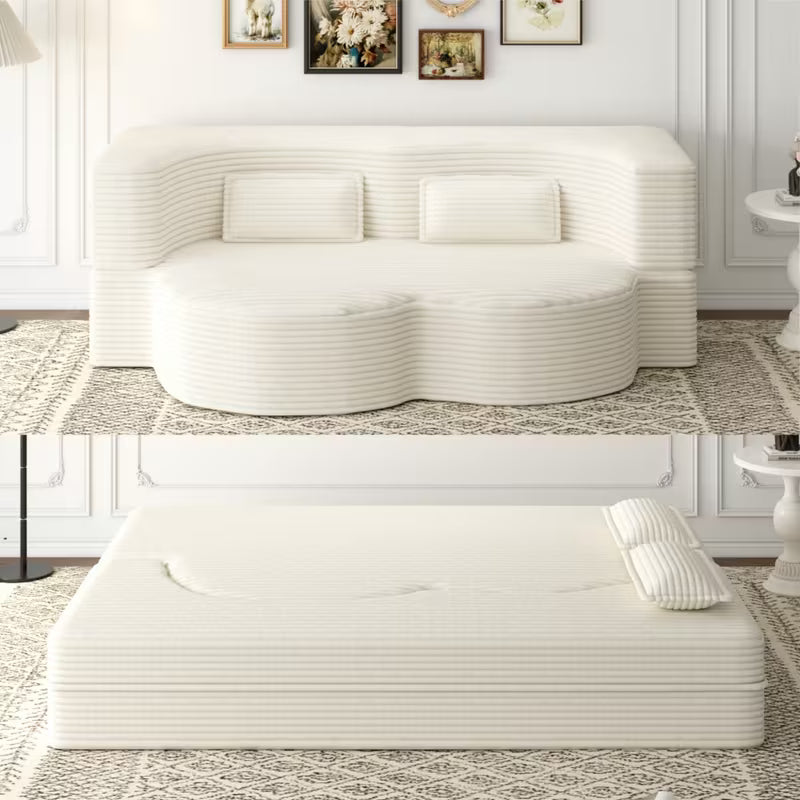 Convertible Corduroy Sofa Bed with 2 Pillows – 15" Full‑Size Folding Mattress, No Assembly Required