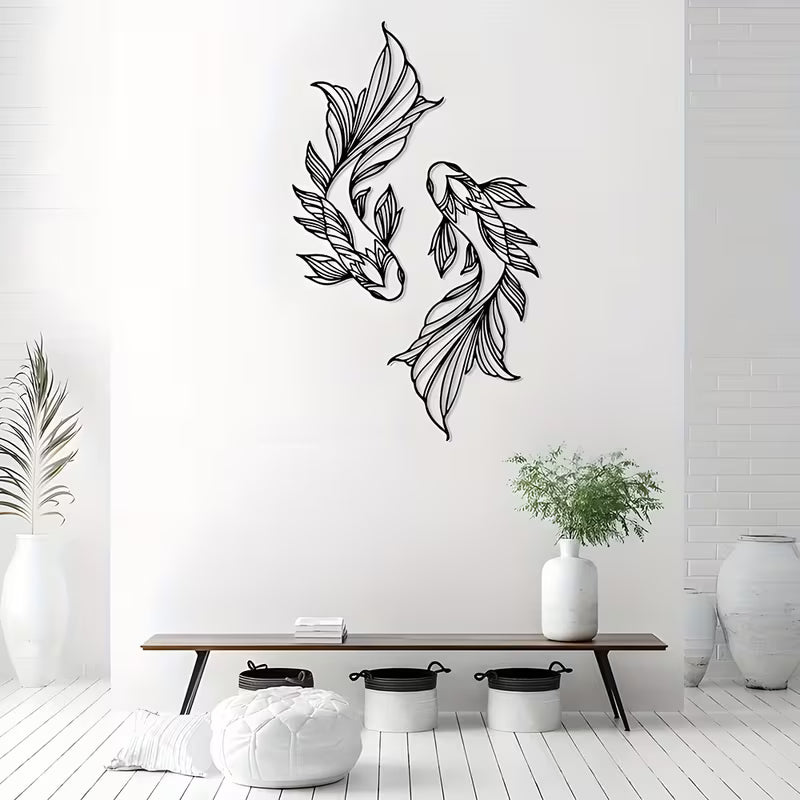 2‑Piece Koi Fish Metal Wall Art – Minimalist Line Art Feng Shui Decor for Living Room & Home
