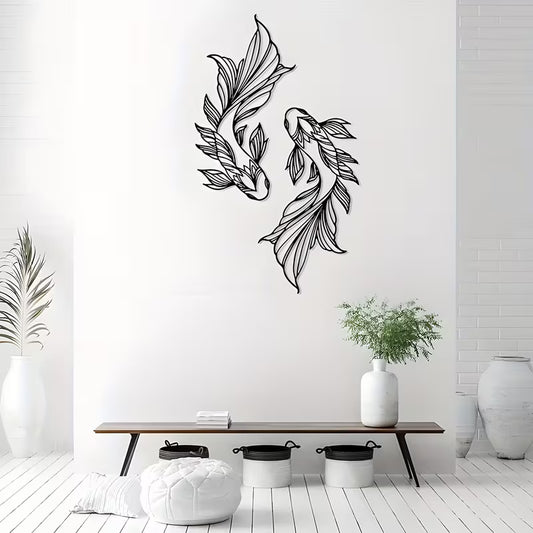 2‑Piece Koi Fish Metal Wall Art – Minimalist Line Art Feng Shui Decor for Living Room & Home