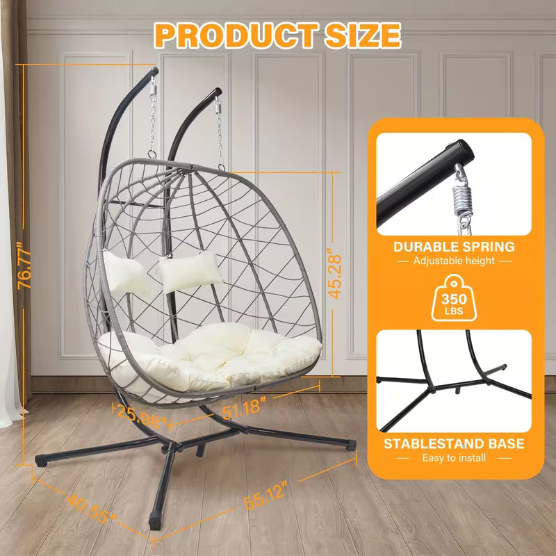 2‑Person Egg/Hammock Swing Chair with Stand – Heavy‑Duty Outdoor Hanging Chair, Deep Cushions, 650‑lb Capacity (Gray)