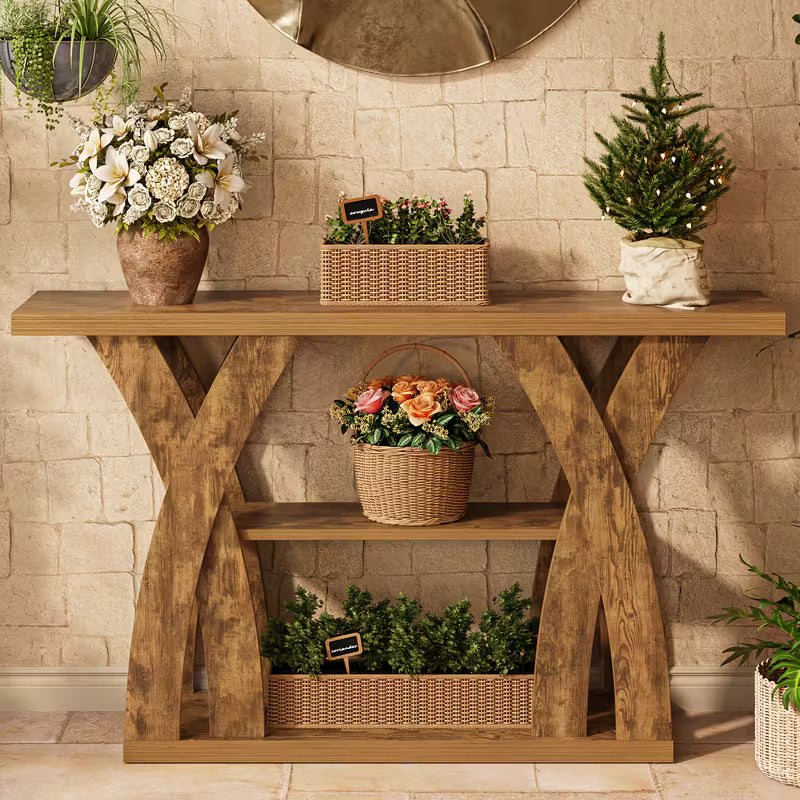 55" Rustic Farmhouse Console Table – X‑Leg Design, 2‑Tier Storage Shelf
