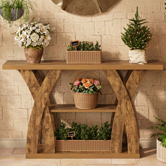 55" Rustic Farmhouse Console Table – X‑Leg Design, 2‑Tier Storage Shelf