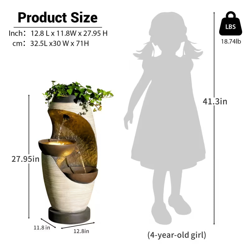 27.95" Indoor/Outdoor Water Fountain with LED Lights – 2‑Tier Resin Bowl Waterfall Fountain