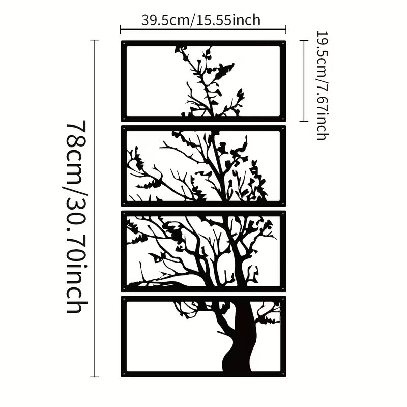 4‑Piece Art Deco Metal Tree Silhouette Wall Sculpture – Modern Botanical Wall Art (Black)
