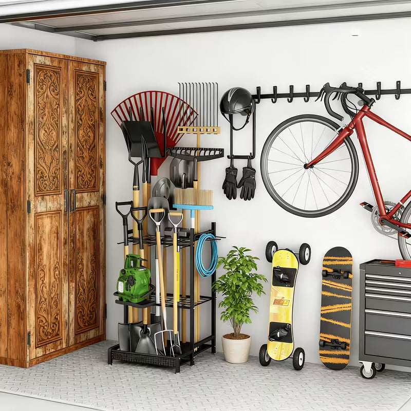 Heavy‑Duty Metal Garden Tool Organizer – Multi‑Tier Standing Tool Rack with Hooks for Long‑Handled Tools