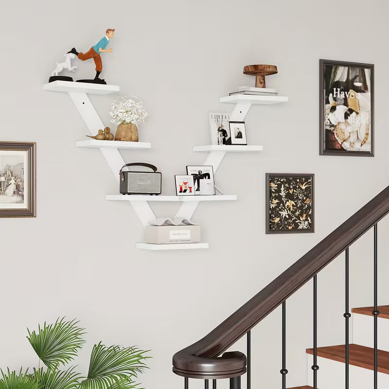 7‑Tier Wooden Floating Shelf – V‑Shaped Tree‑Branch Wall Shelf for Books, Plants & Décor (White)