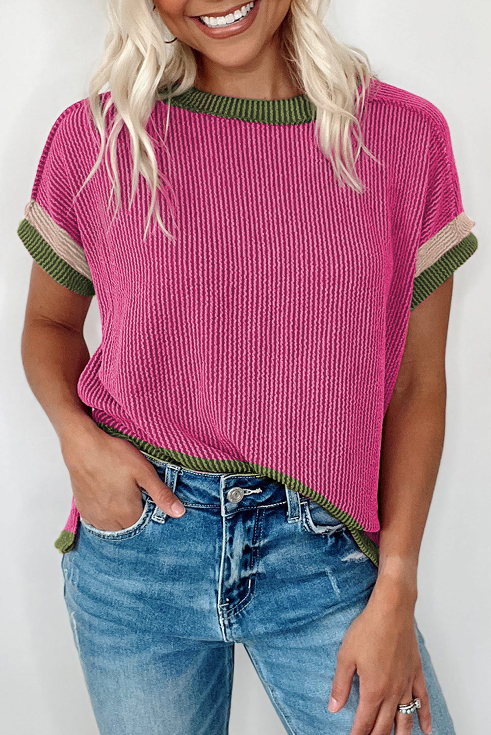 Bright Pink Textured Contrast Trim Round Neck T Shirt