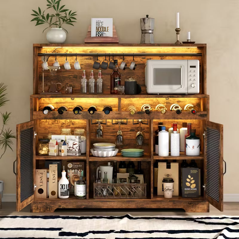 Modern LED‑Lit Storage Buffet with Wine Cabinet, Mesh Door & Glass Bar – Coffee Station Sideboard (Brown/Black)