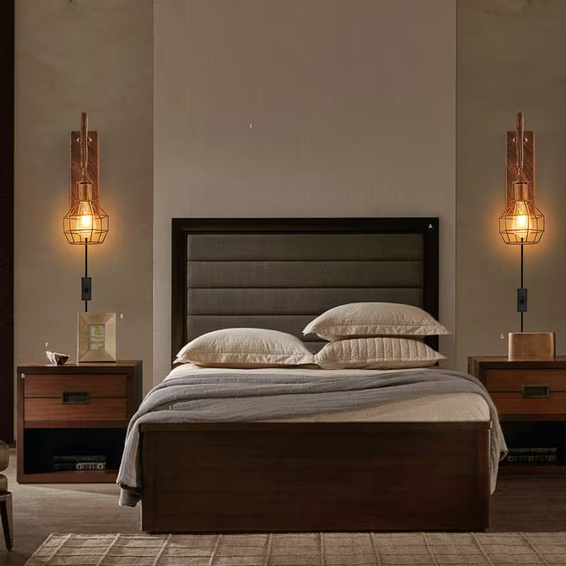 Plug‑In Industrial Wall Lamp Set (2‑Pack) – Retro Farmhouse Cage Sconces with Pulley Bracket & Switch (E26, Bulbs Not Included)