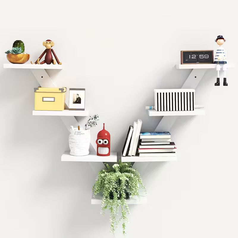 7‑Tier Wooden Floating Shelf – V‑Shaped Tree‑Branch Wall Shelf for Books, Plants & Décor (White)