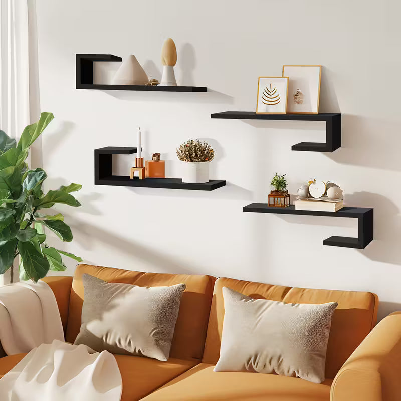 4‑Piece Modern Floating Shelf Set – 15.75" Wall‑Mounted Shelves for Home Storage & Décor (Black / White)