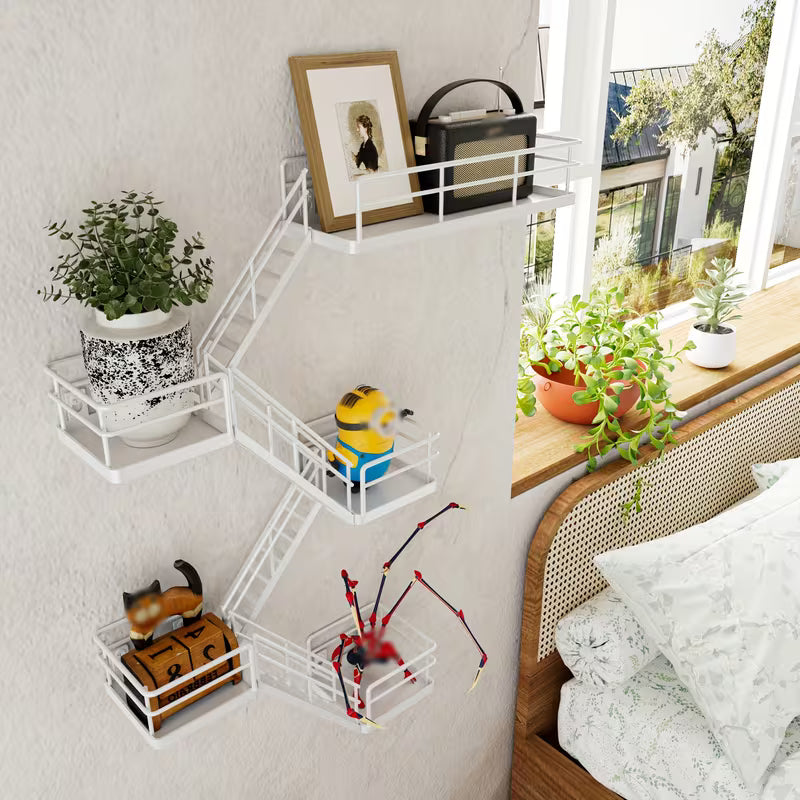 5‑Layer Metal Escape Wall Rack – Floating Fire‑Escape Style Display Shelf with Basket (Black / White)