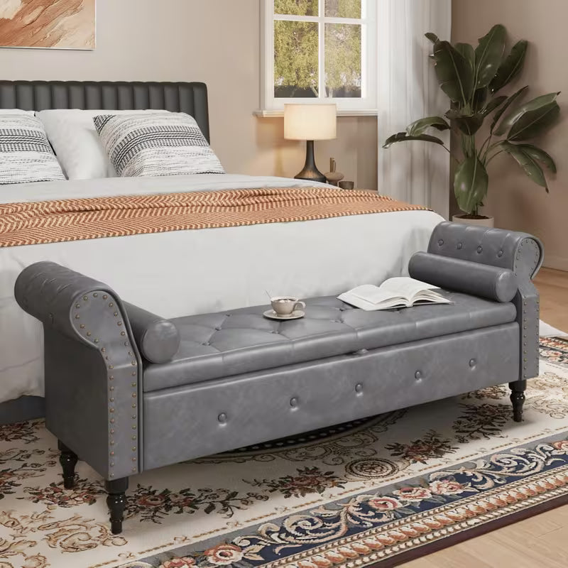 65" Upholstered Storage Bench – Faux Leather Tufted Bed Bench with Rolled Arms & Nailhead Trim (Deep Hidden Storage)