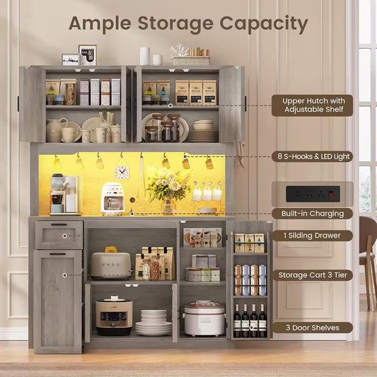 71" Pantry Cabinet with Charging Station & LED Light – Kitchen Storage Cabinet with Microwave Stand & 3‑Tier Storage Cart (Grey)