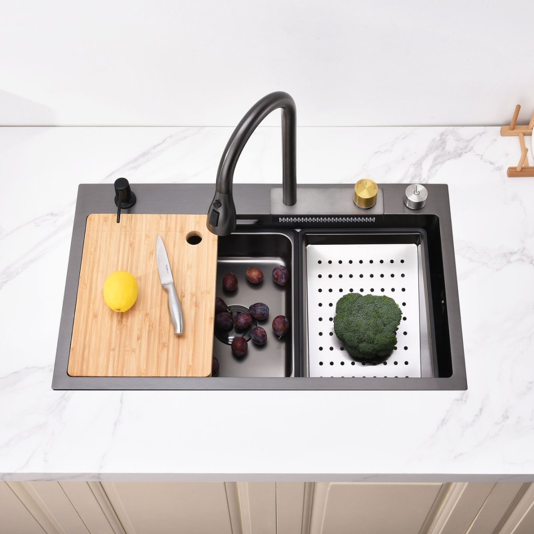 Waterfall Kitchen Sink, Stainless Steel Single Bowl In Black, Multifunctional Workstation With Flying-rain Faucet And Cutting Board, Stainless Steel Single Bowl Sink, LS-SSBL05