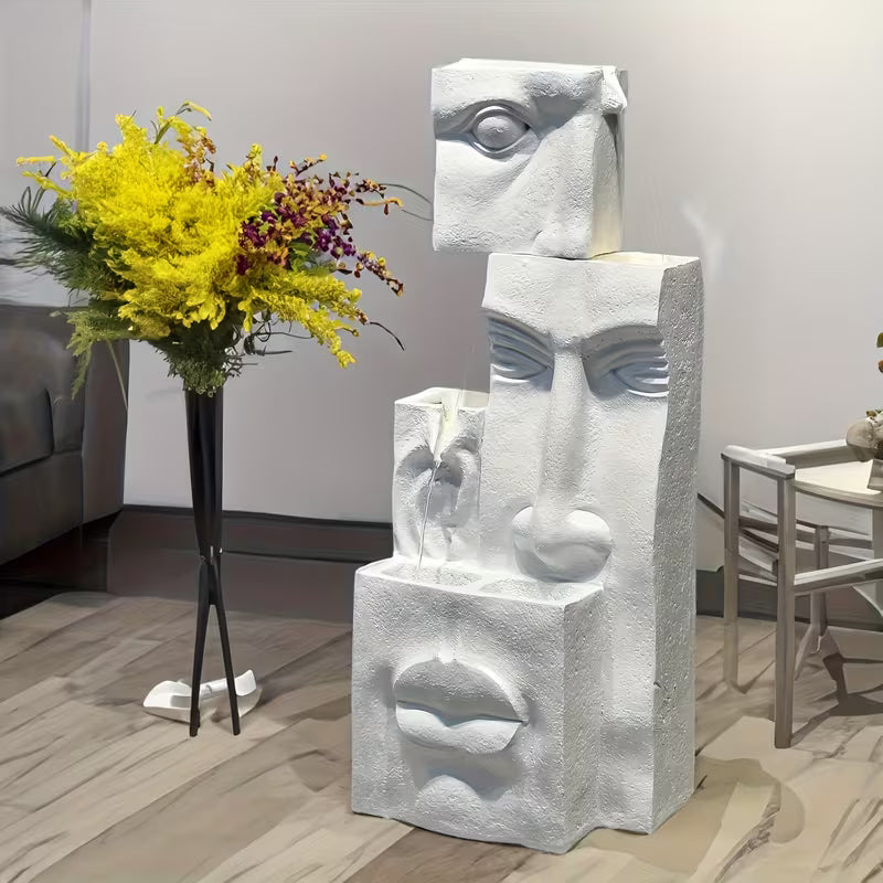 4‑Tier Modern Face Waterfall Fountain with LED Lights – 35" Indoor/Outdoor Sculpture