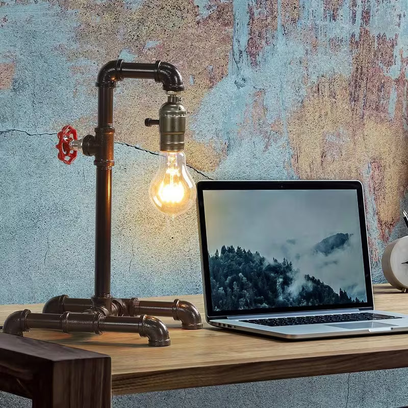 Industrial Steampunk Desk Lamp – Rustic Bronze Metal Pipe Lamp with Red Valve & Exposed Bulb Design (Bulb Not Included)