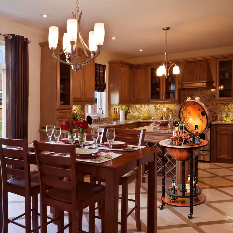 Italian Globe Bar Stand – Rolling Wine Cabinet with World Map, Bottle Storage & Eucalyptus Wood Frame (Walnut)