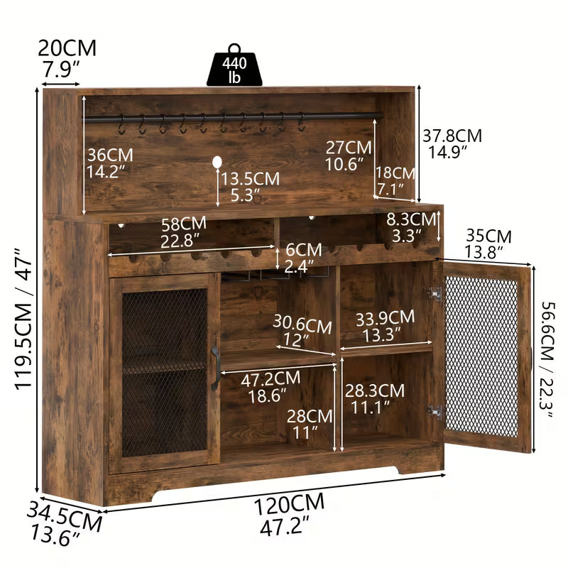 Modern LED‑Lit Storage Buffet with Wine Cabinet, Mesh Door & Glass Bar – Coffee Station Sideboard (Brown/Black)