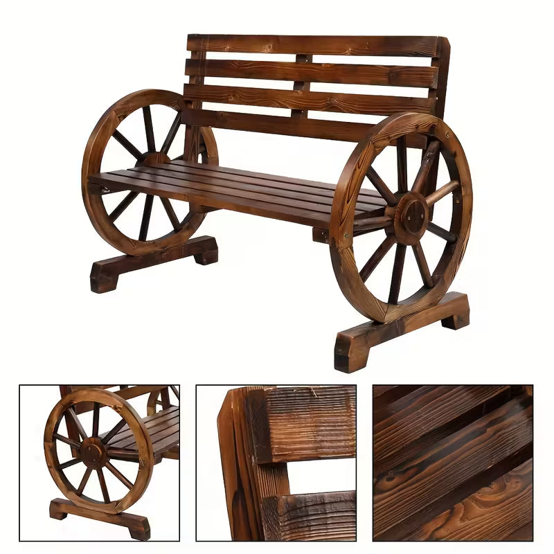 41.5" Fir‑Carbonized Wooden Garden Bench with Decorative Wooden Wheels – Outdoor Porch & Yard Seating (Brown)