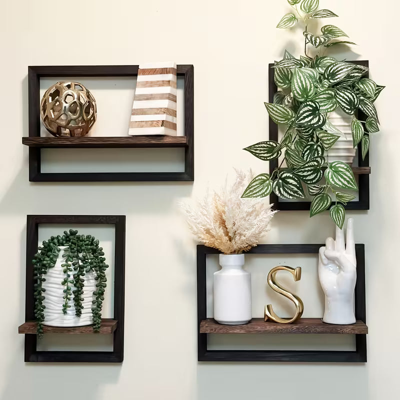 2‑Piece Multi‑Functional Hanging Shelf Set – Black Wood Square Wall Shelves (Contemporary)
