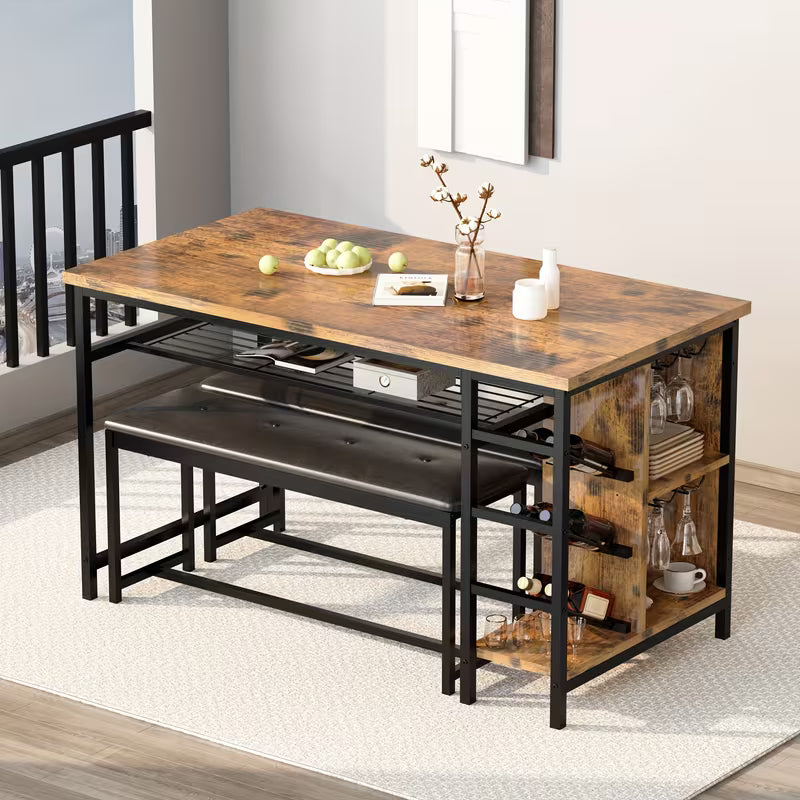 53" Space‑Saving 3‑Piece Dining Table Set with Wine Rack, Glass Holder & Storage – Table + 2 Benches (Brown)