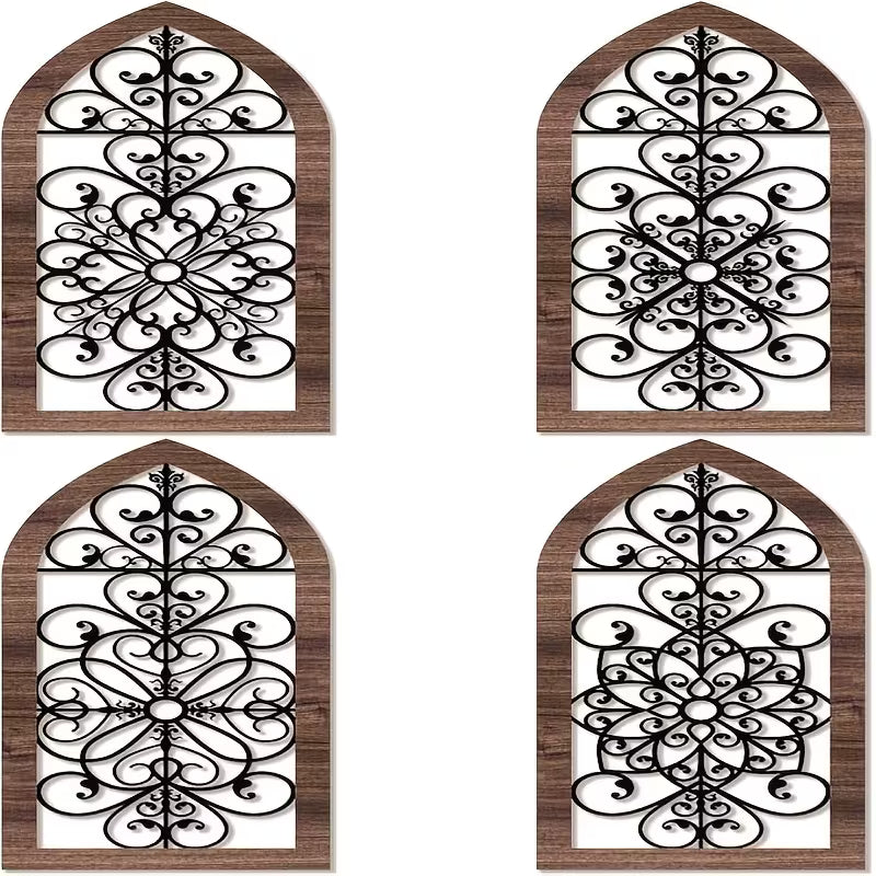 4‑Piece Rustic Wooden Wall Art Set – Hollow‑Carved Modern Farmhouse Decor (Elegant Style)