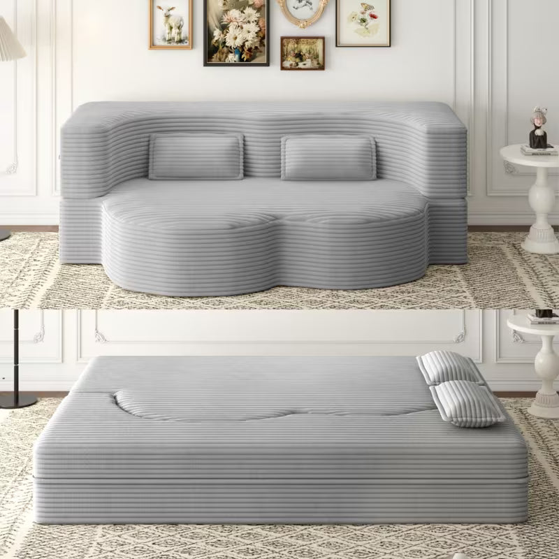 Convertible Corduroy Sofa Bed with 2 Pillows – 15" Full‑Size Folding Mattress, No Assembly Required