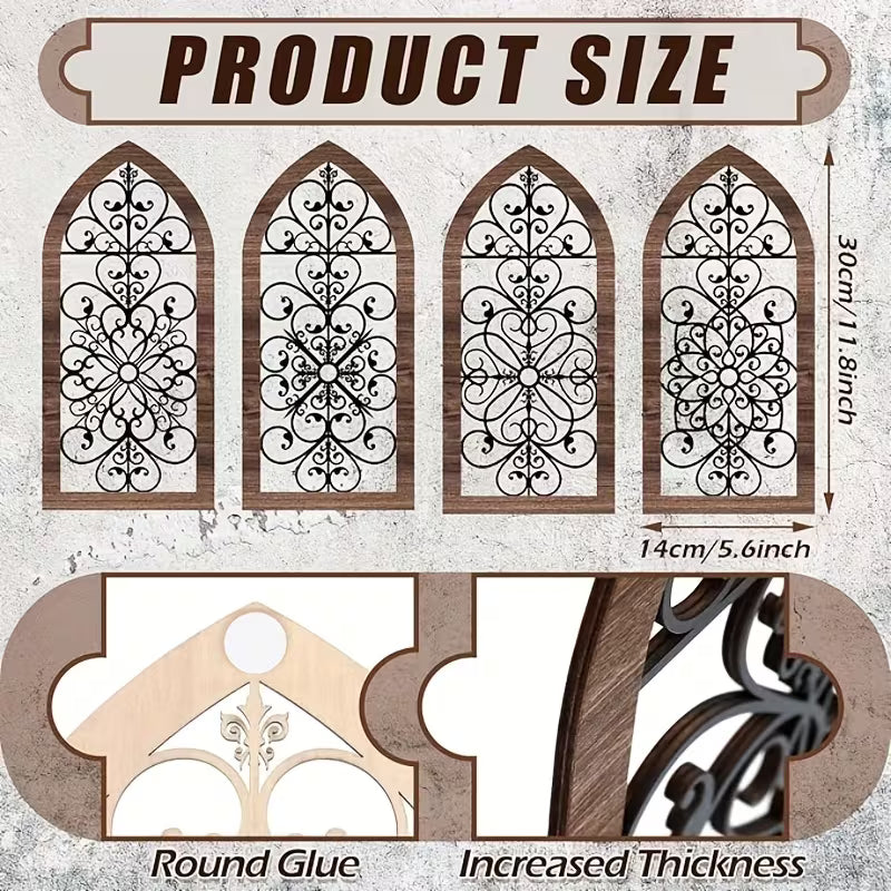 4‑Piece Rustic Wooden Wall Art Set – Hollow‑Carved Modern Farmhouse Decor (Elegant Style)