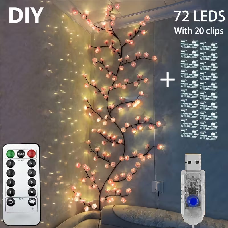 Cherry Blossom LED Branch Lights – Flexible Sakura Vine with 72/96/144 LEDs, USB Powered, 8 Modes