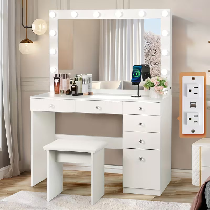 42" Makeup Vanity Table Set with Lighted Mirror, Built‑In Outlet, 5 Drawers, Cabinet & Stool (Black / White / Pink)