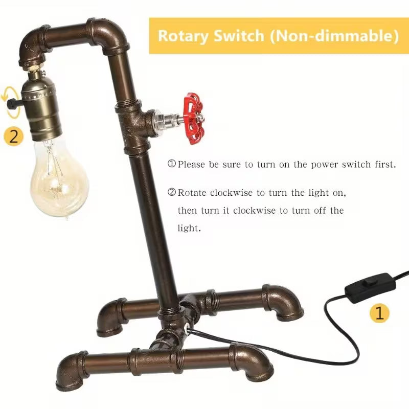 Industrial Steampunk Desk Lamp – Rustic Bronze Metal Pipe Lamp with Red Valve & Exposed Bulb Design (Bulb Not Included)