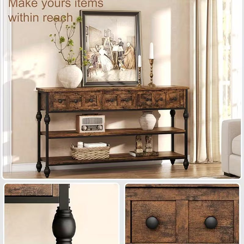 Industrial 3‑Tier Console Table with Drawers – Metal Frame, Open Storage & Rustic Finish