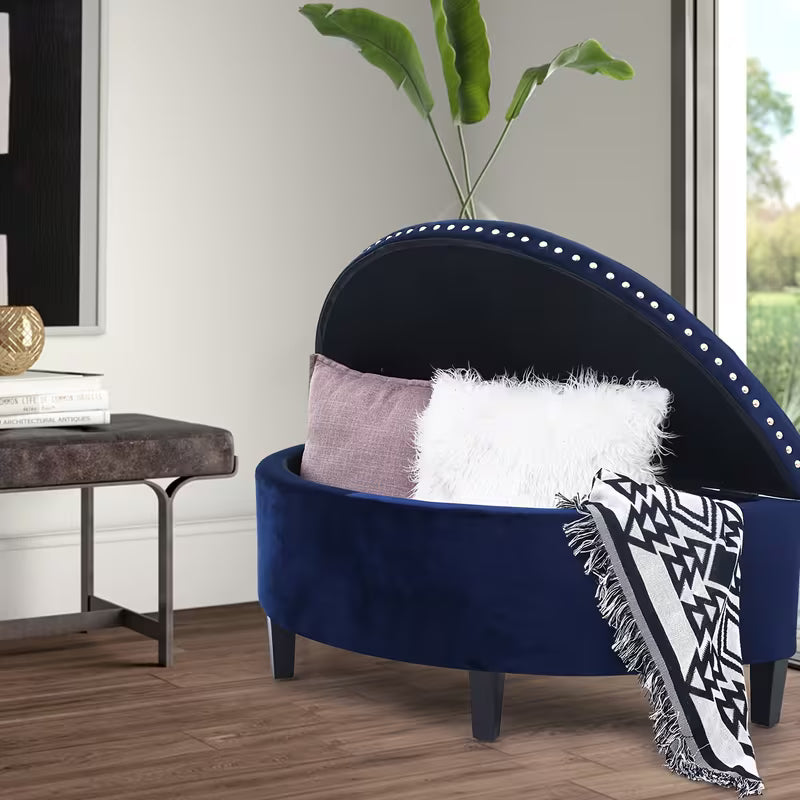 43.5" Velvet Half‑Moon Storage Bench with Tufting, Rivet Trim & Hardwood Frame (Multiple Colors)